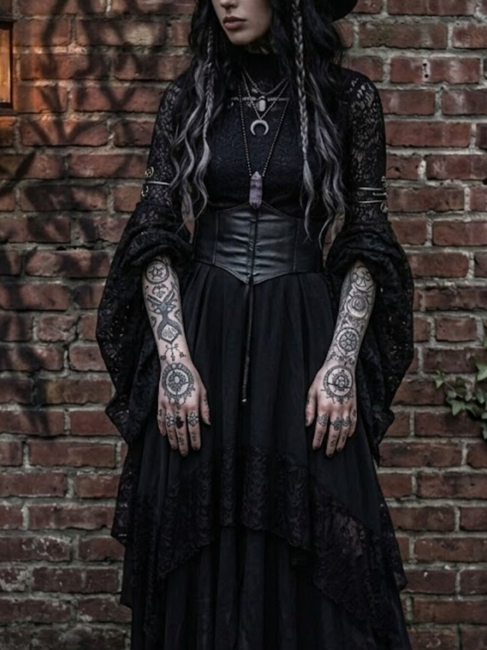 Venus Black Lace Gothic Bell Sleeve Top Witchy Mock Neck XS